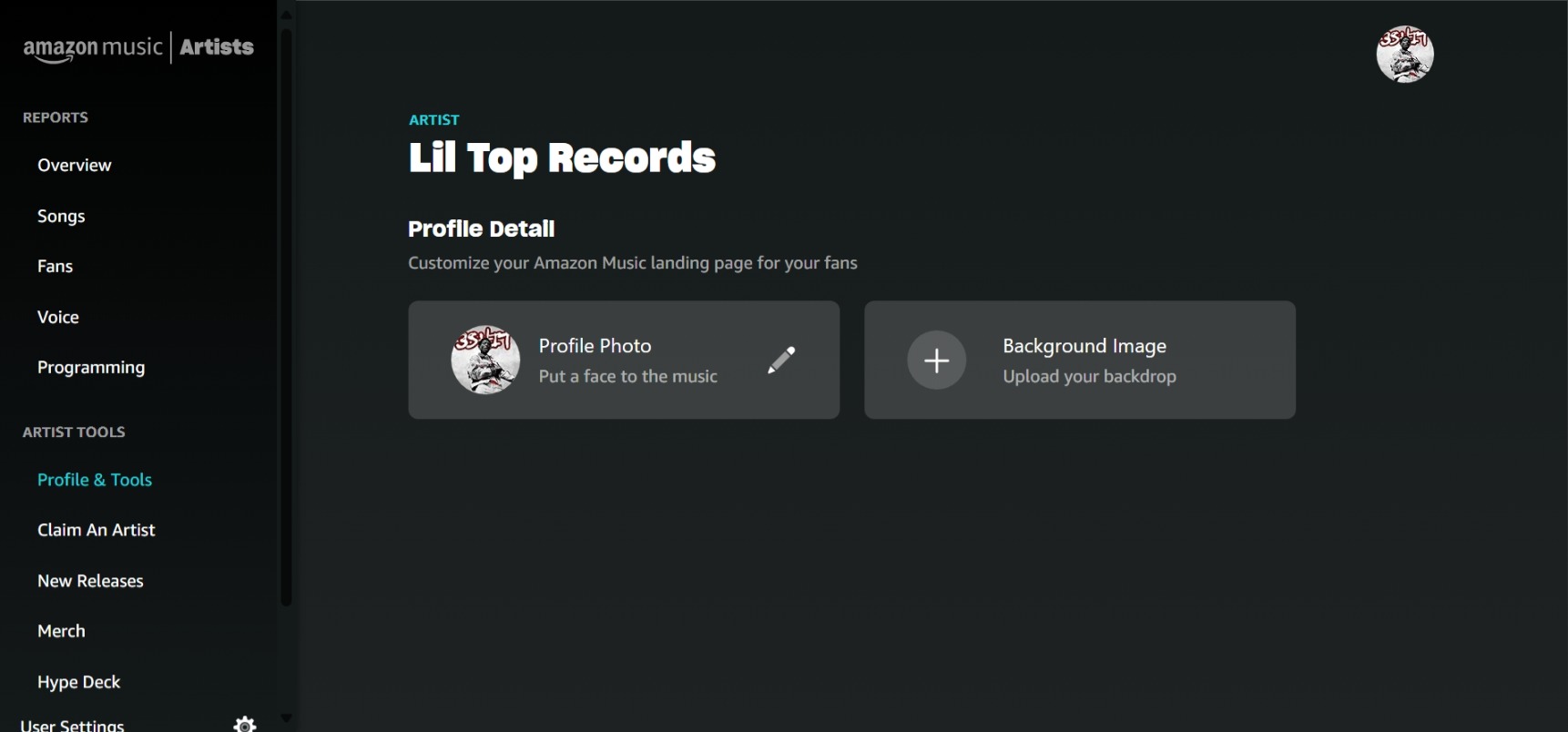 Amazon Music artist page logged in